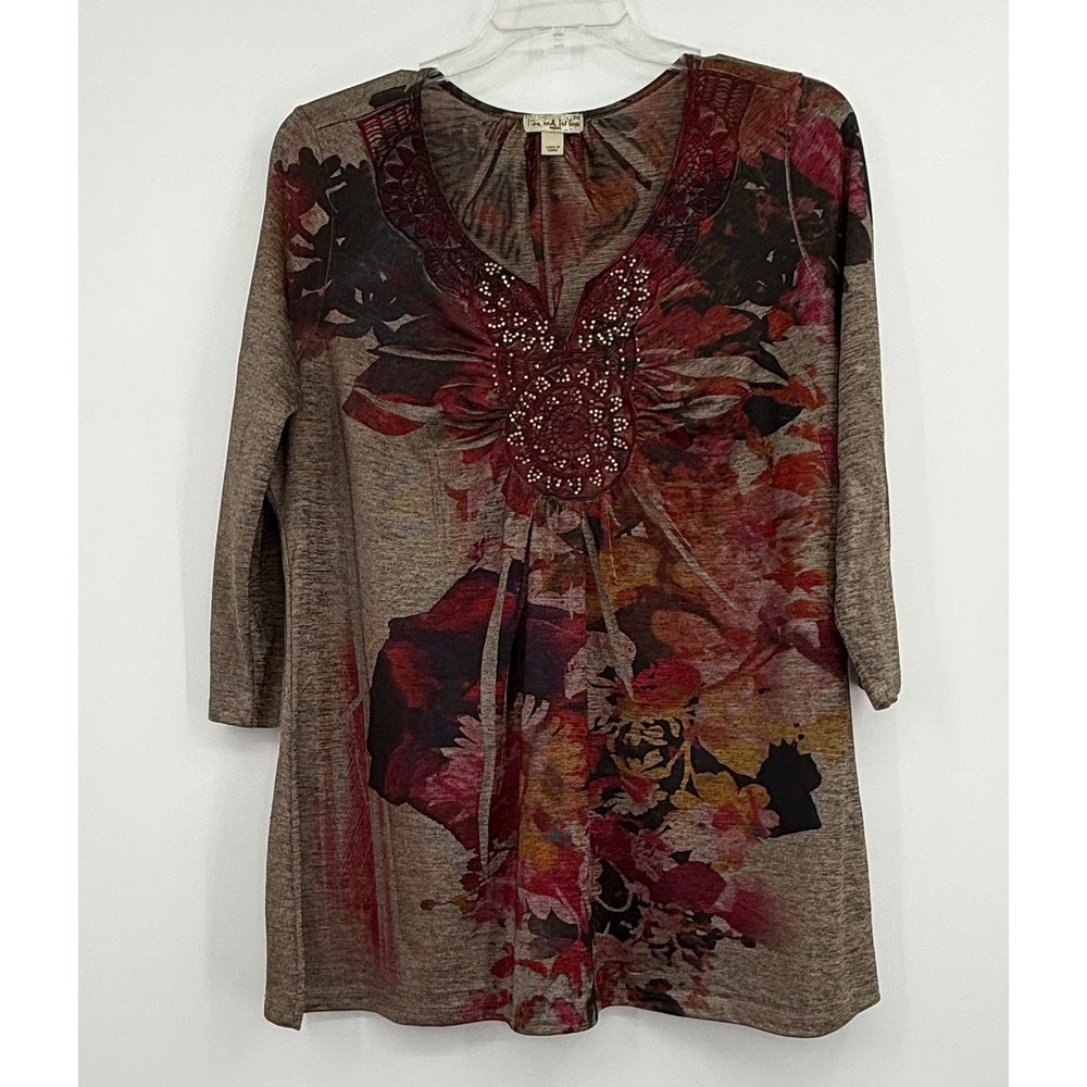 OneWorld Live and Let‎ Live Floral Artsy Embellished 3/4 Sleeves 2X Tunic Boho - Picture 12 of 12